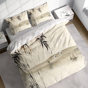 Chinoiserie Bamboo Birds Duvet Cover Set, Japanese Crane Painting Bedding, Lake Fishing Boat Quilt Cover, Single Double Full Queen King Size