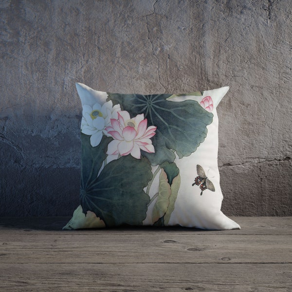 Housse d’oreiller Butterfly Lotus Japanese Art Throw, Housse de coussin Lotus Pond, Oreiller décoratif botanique, Coton ou velours en lin, Impression