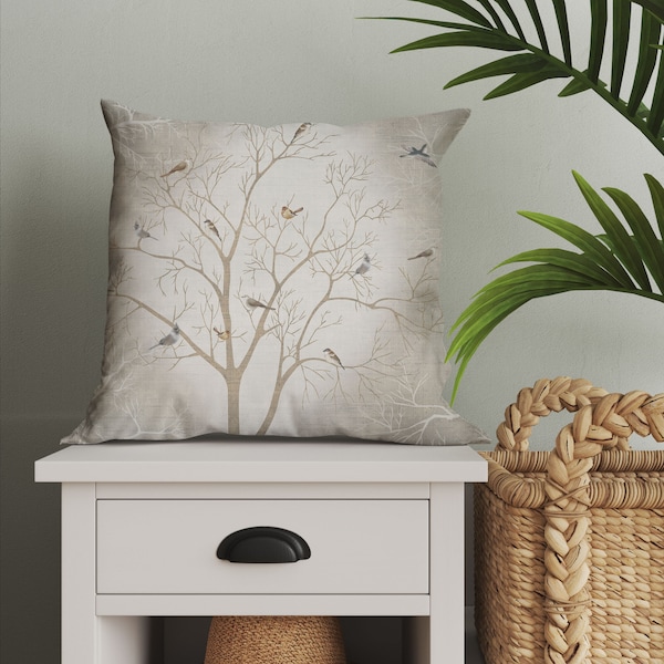 Autumn Branches and Birds Throw Pillow Cover, Botanical Cushion Cover, Neutral Color Decorative Pillow, Linen Cotton Or Velvet