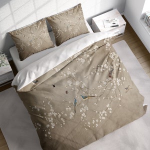 Japanese Chinese Cherry Blossom Duvet Cover Set, Botanical Bedding, Nature Floral Comforter Cover, Single Double Full Queen King Size