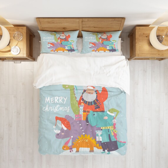 Snow Santa Dinosaur Christmas Duvet Cover Set Holiday Theme Bedding Blue Bedding Set Double Full Queen King Size Cotton Polyester Etsy Canada