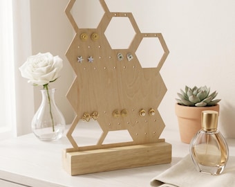 Wooden Honeycomb Earring Holder - Unique Jewelry Organizer Stand - Geometric Earring Display