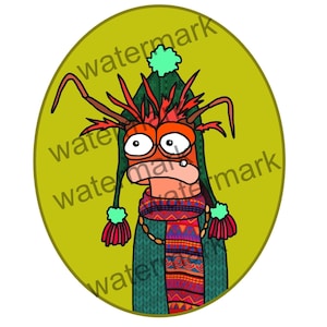 May include: A cartoon illustration of a red and orange creature wearing a green hat with a white pom-pom, a green sweater, and a colorful scarf. The creature has large eyes and a surprised expression.