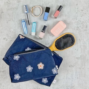 Makeup bag (20x12x3) & toiletry bag (26x16x5) – blue cord with floral embroidery | Handmade pouches for care and travel – one or both