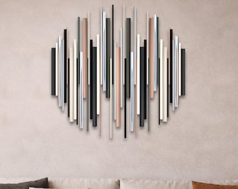 Large Round Wall Art Black Grey Neutral 3D Wood Sculpture Chrome Accents