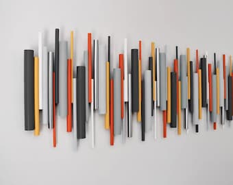 3D Wooden Wall Sculpture, Modern Orange Yellow Wall Art, Sound & Flame