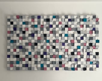 Hand-Painted Mosaic Wood Art: 3D Geometric Wall Sculpture