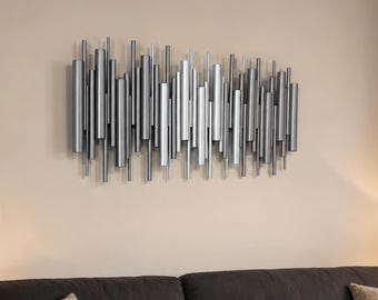 Handmade Silver Wood Geometric Wall Art – Modern 3D Sculpture Statement Decor