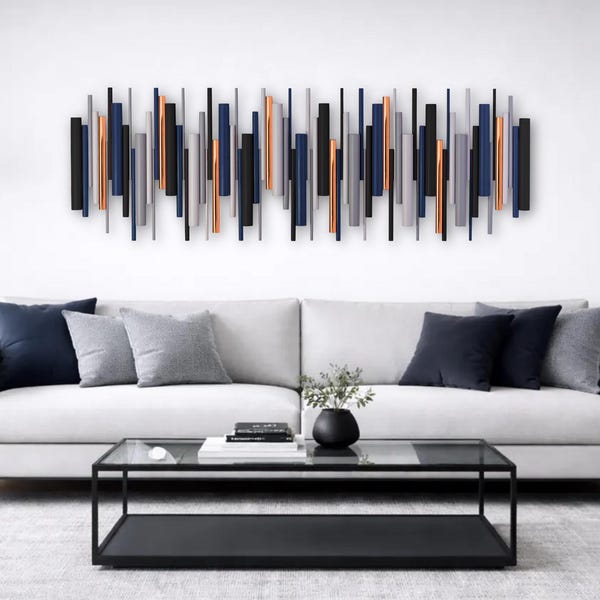 Large Wood and Metal Wall Art, Modern Geometric Copper Decor