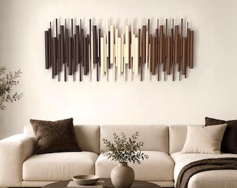 Handcrafted Wood Wall Sculpture – Japandi Dowel Slat Art, Neutral Geometric Decor