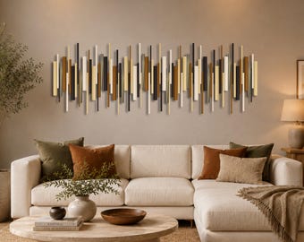 Abstract Wooden Wall Sculpture, 3D Dowel Art, Metal Accent, Handmade UK