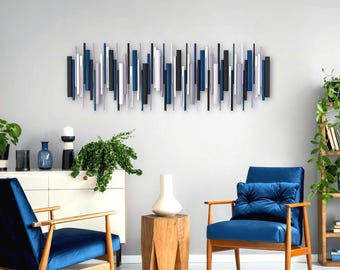 Large Geometric Wall Sculpture – Blue Grey Wood & Metal Art
