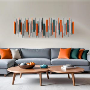 Orange & Teal Wood Wall Art: Modern Copper Accent Sculpture