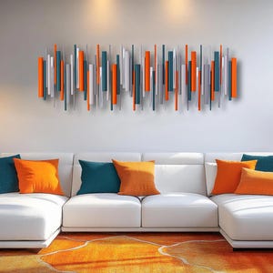Orange & Teal Wood Wall Art: Modern Copper Accent Sculpture