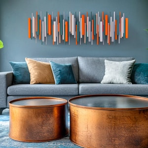 Moderne abstrakte Kunst aus Holz in Petrol & Orange
