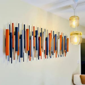 Modern 3D Wood Wall Art Sculpture in Orange, Blue, Grey, Choice of Copper, Antique Copper or Chrome, Handmade Wall Decor – Sunset Current