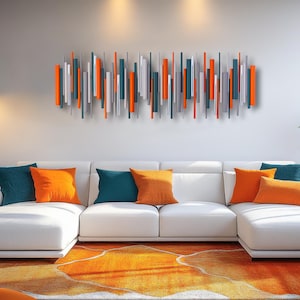 Orange & Teal Wood Wall Art: Modern Copper Accent Sculpture