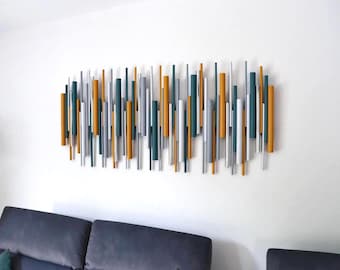 Wood Wall Sculpture, Ochre Teal Abstract Wall Art, Contemporary Modern Decor