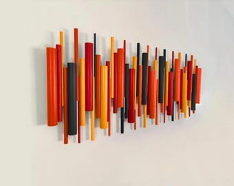 Wood Wall Art, Modern 3D Abstract Wooden Sculpture in Orange