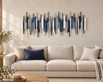 Blue & Grey Wall Sculpture, 3D Wall Art with Metal Accents, Large Abstract Wall Decor