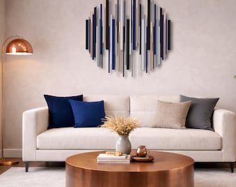 Blue Round Wall Art, Large Wood and Metal Decor
