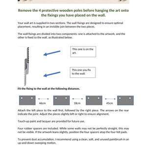May include: An instructional document for House of Clermont wall art featuring text, diagrams of metal wall fixings, and measurement labels of 46cm, 18cm, and 45cm. The guide includes instructions for removing protective wooden poles and mounting the art.