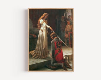 May include: A woman in a white gown and crown is kneeling before a man in armor. She is holding a sword over his head. The scene is set in a medieval castle.