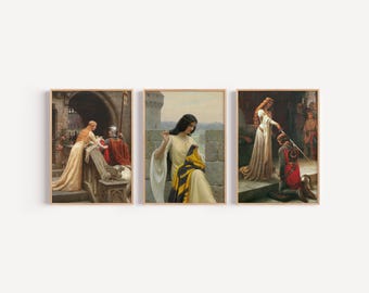 May include: Three framed paintings depicting scenes from a medieval period. The first painting shows a woman in a white dress handing a sword to a man in armor. The second painting shows a woman in a white dress holding a yellow and black flag. The third painting shows a woman in a white dress handing a sword to a man kneeling on one knee.