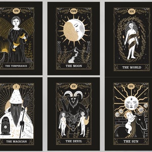 Postales inspiradas en Tarot, Conjunto de postales, Negro y Oro, Ocultismo, Zodíaco, Impresiones de Arte de Tarot, Boho Celestial, Favores de Boda