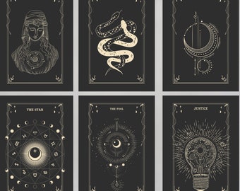 Tarot Inspired Postcards, Postcard Set, Black and Cream, Occult, Zodiac, Tarot Art Prints, Celestial Boho, Wedding Favours