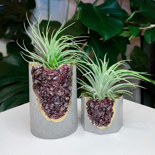 Ensemble de 2 planteurs de cristal | Porte-usines Geode Garnet Air | Planteurs succulents grenat | Pots de cactus | Cadeau de Noël | Pack de 2