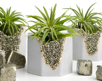 Succulent Pot Pyrite Crystal Planter | Geode Planter Mini Air Plant Holder Cactus Pot Gemstone Candle  Concrete Small Planter Fool's Gold