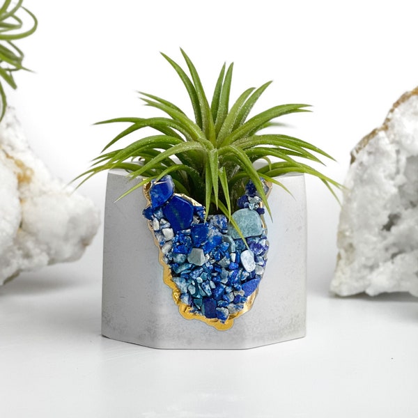 Geode Planter Lapis Lazuli Crystals | Geode Planter Mini Air Plant Holder Cactus Pot Gemstone Candle  Concrete Small Succulent Planter