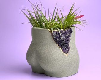 Butt Geode Planter: Handmade Concrete Body Vase with Amethyst Crystals