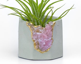 Maceta de cristal de cuarzo rosa / Soporte para plantas de aire de geoda de hormigón hecho a mano