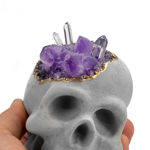 Large Amethyst Skull Head | Clear Quartz Cluster Carved Pyrite Crystal Skull Large Polished Stone Mini Geode Air Plant Holder Home Halloween