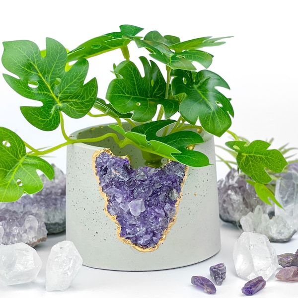 Geode Planter Pot | 3 inch Geode Succulent Pot |  Air Plant Holder Raw Amethyst Crystal Planter Small Plant Concrete Pot Crystal Gift