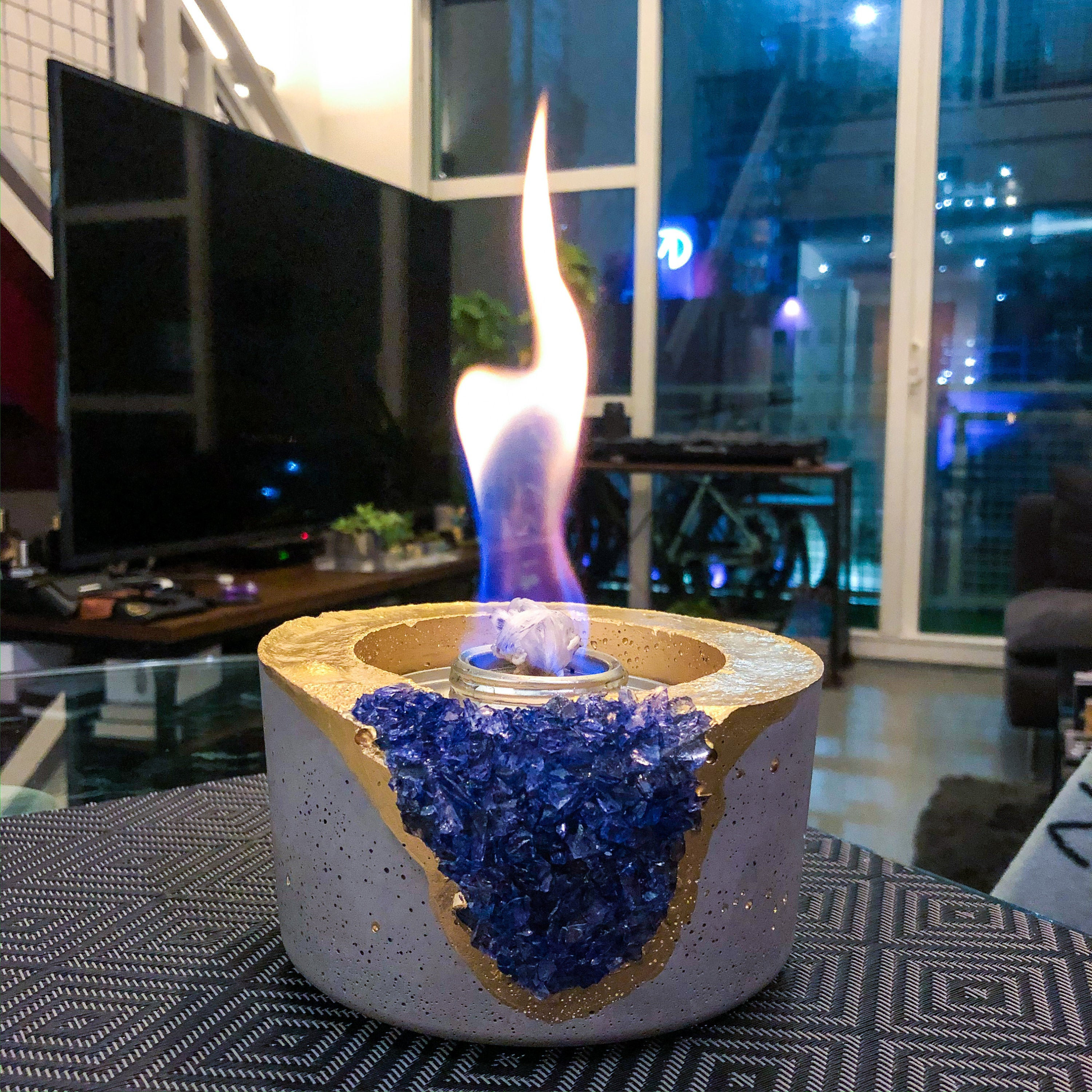Tabletop Fireplace with Amethyst Indoor Firepit Rubbing Alcohol Bio Ethanol Mini Fire Bowl Pit Outdoor Decor Portable Table Top Small Chiminea Meditation Bowl Geode Candle Holder Boho Concrete Pot