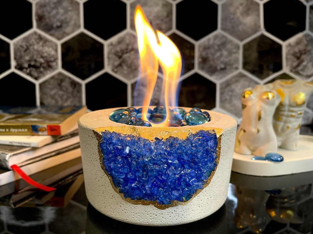 Tabletop Fireplace With Navy Blue Crystals Indoor Fire Bowl Fire Pit