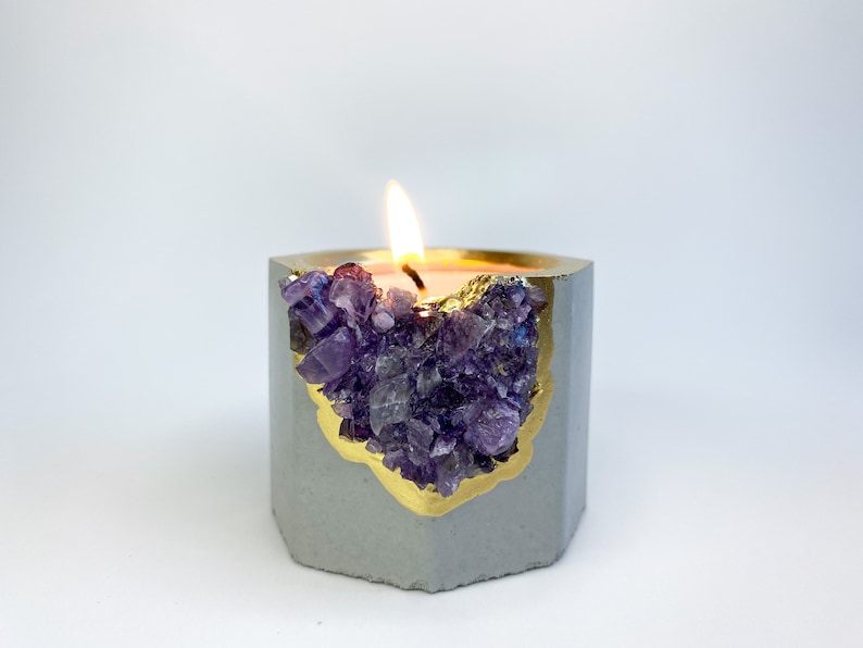 Amethyst Candle Holder | Concrete Geode, Tea Light, Chakra Crystals