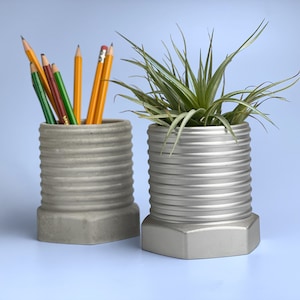 May include: Two concrete planters, one with a green air plant and the other with pencils. Both planters are grey and have a hexagonal shape with a textured surface.