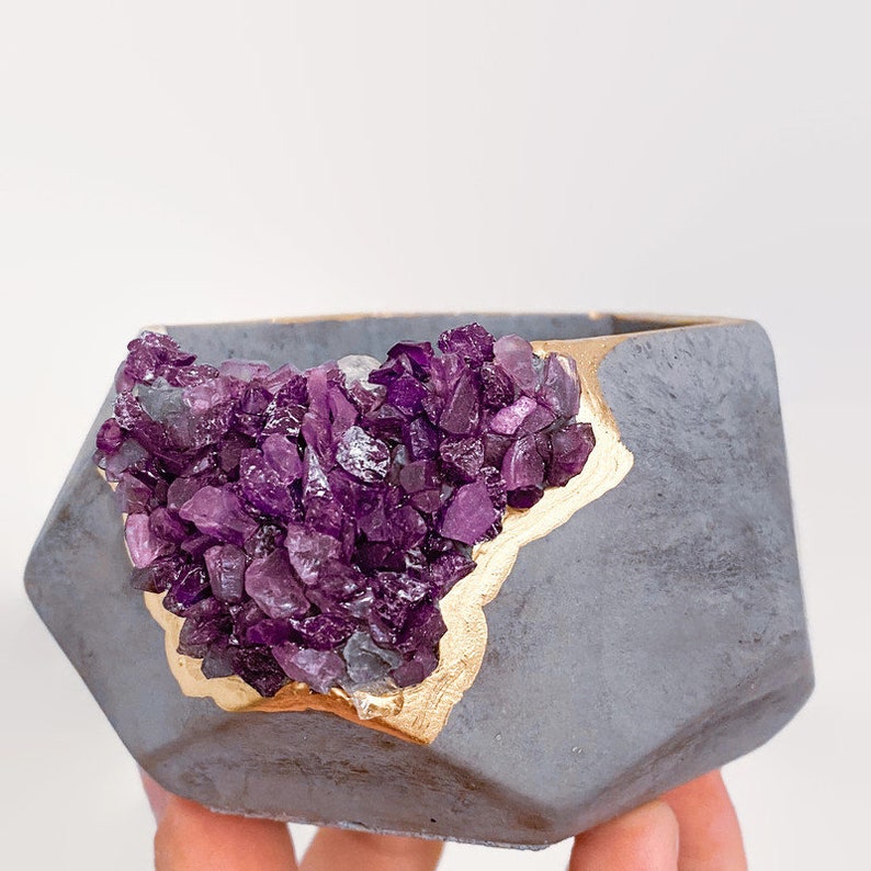 Geometric Succulent Crystal Pot Concrete Purple Crystals Etsy UK