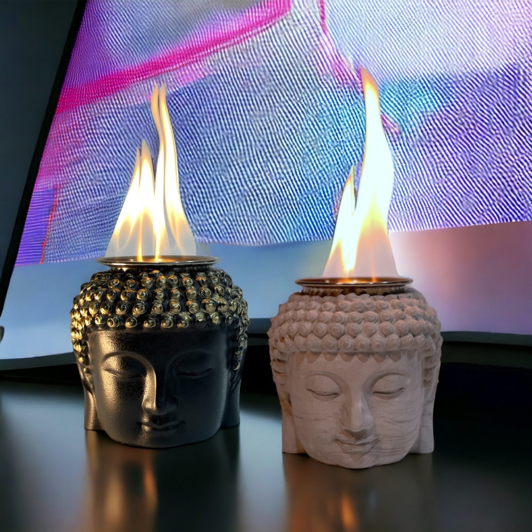 Tabletop Fire Pit Mini Fire Bowl, Buddha Head Decor, Portable Concrete