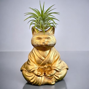 May include: A gold-colored cat-shaped planter with a serene expression, seated in a meditative pose. The planter holds a vibrant green air plant. The cat is wearing a robe, adding to its zen-like appearance. A unique decorative item.