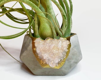 Rose Quartz Geode Concrete Planter | Crystal Air Plant Holder