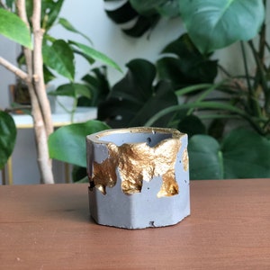 Puede incluir: Un pequeño macetero de hormigón gris con un acabado metálico dorado. El macetero tiene una forma hexagonal y una superficie rugosa y texturizada.