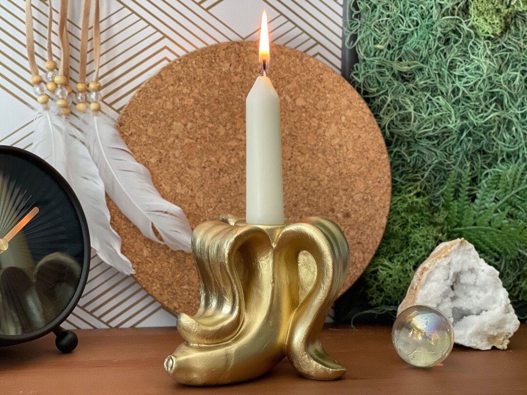 Candlestick Holder, Gold Banana Concrete Candle, Taper Candle Holder