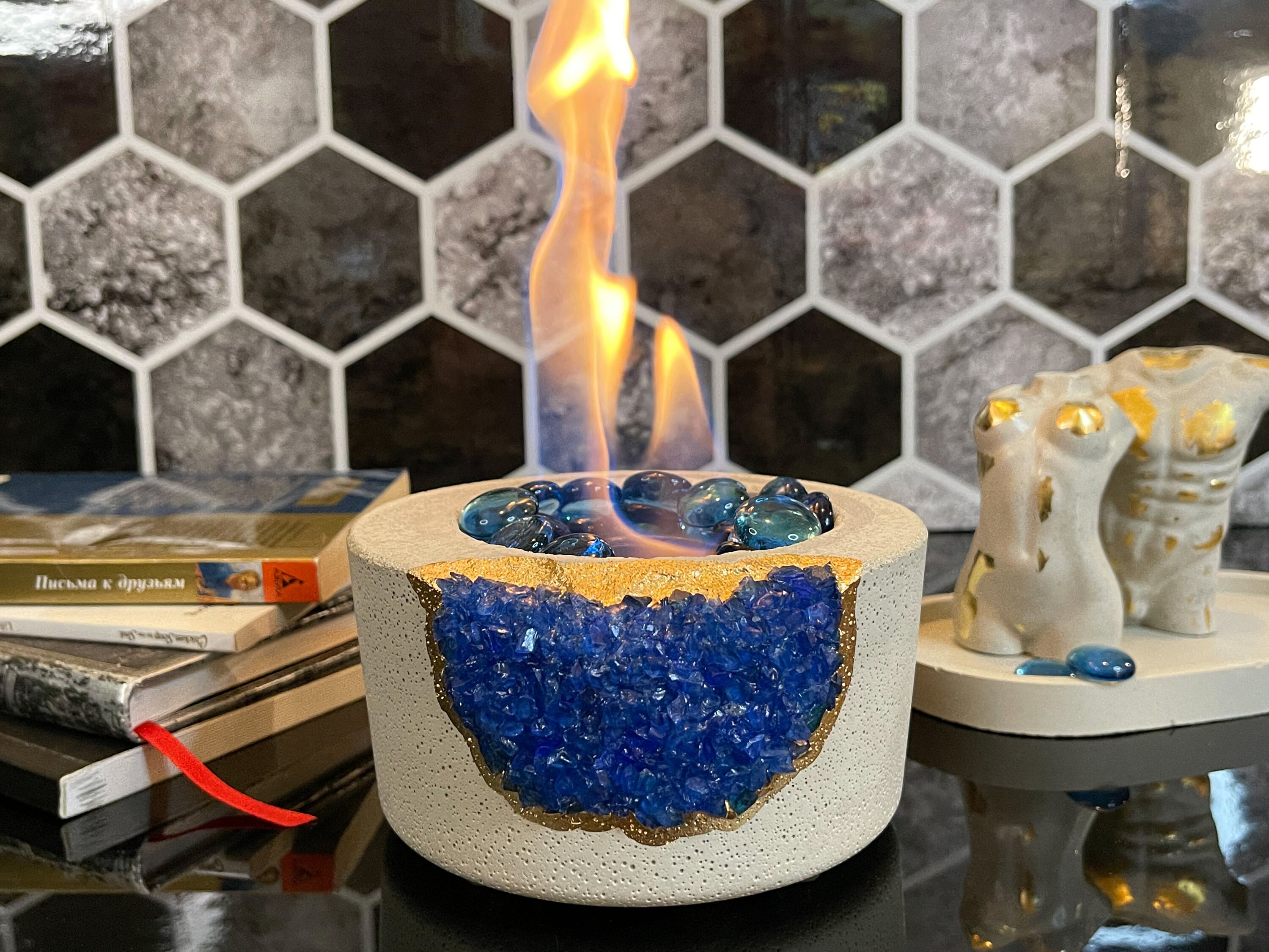 Tabletop Fireplace with Navy Blue Crystals Indoor Fire Bowl Etsy