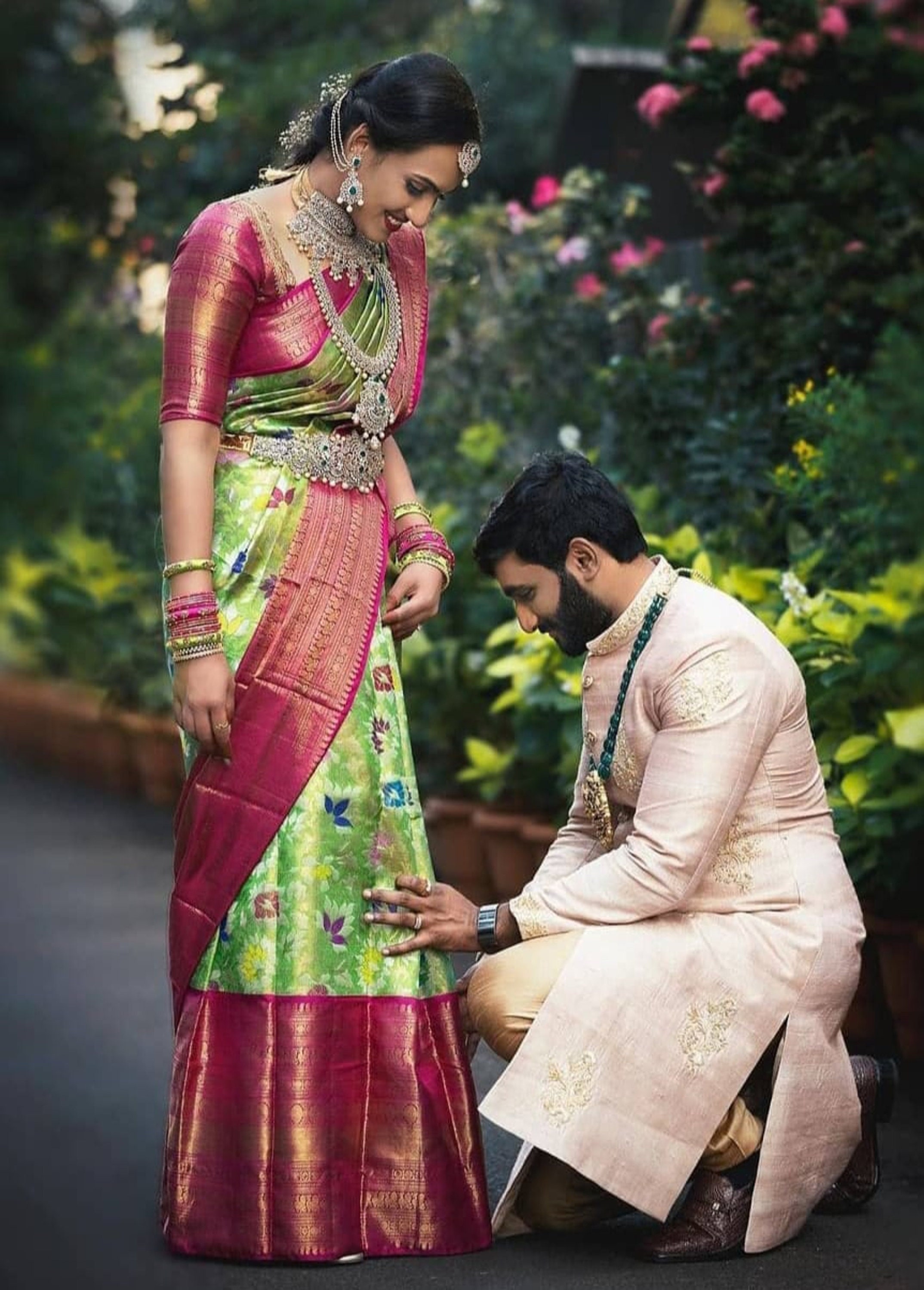 dark green with pink border pattu saree