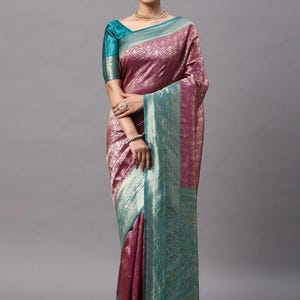 Magenta Sea‑Green Zari Silk‑Cotton Kanjeevaram Saree with Blouse Piece | Indian Wedding & Festive Saree